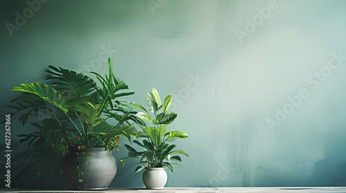 beautiful green tropical plants on a concrete floor in a white room.