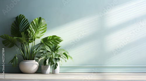 interior of empty living room with green leaves, 3 d rendering