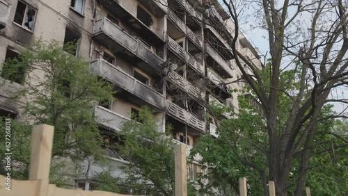 Residential building burned down and destroyed as a result of russian mortar and artillery strikes. Irpin, Ukraine