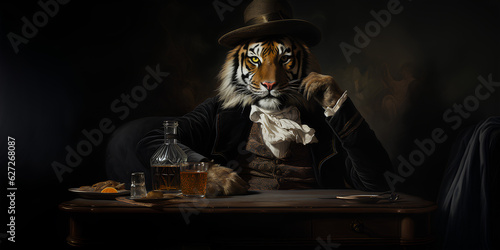 the portrait of tiger in the dark with glass of whiskey