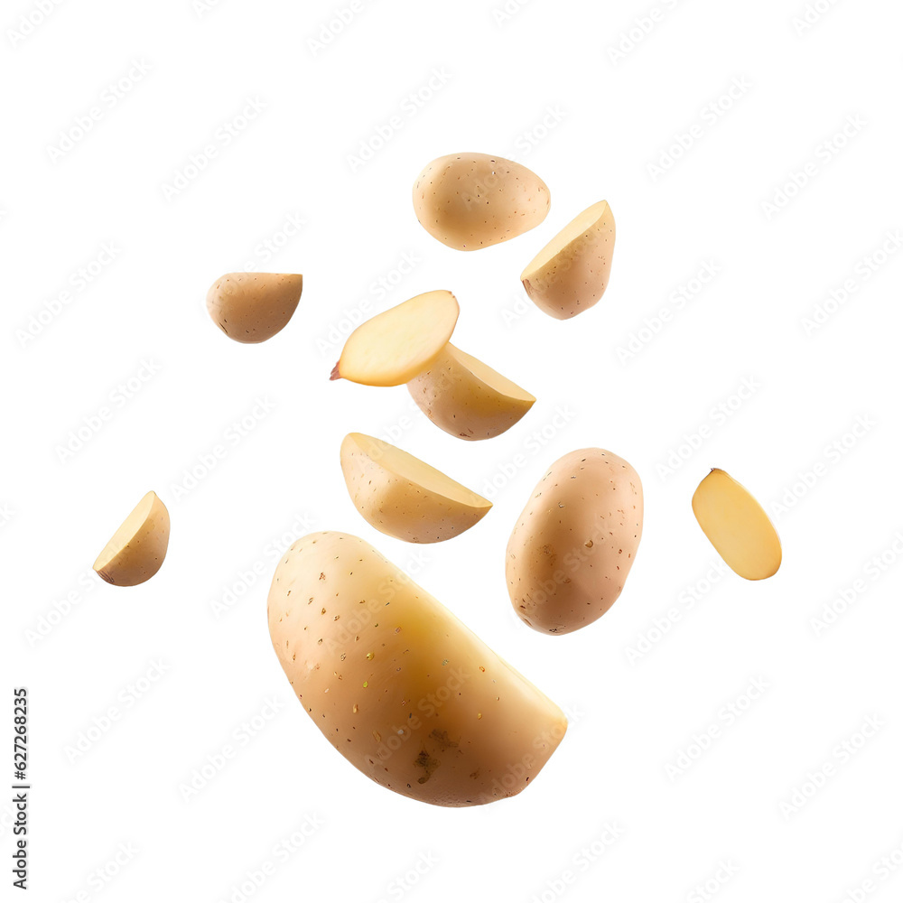 Falling fresh potatoes isolated on transparent background Generative AI Falling fresh potatoes isolated on transparent background Generative AI