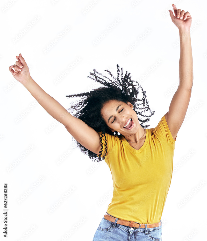 Excited, dancing and a woman in studio with happy energy for motivation or celebration. Winner, fun and a young person isolated on a white background moving to relax or cheer for freedom or success Excited, dancing and a woman in studio with happy energy for motivation or celebration. Winner, fun and a young person isolated on a white background moving to relax or cheer for freedom or success