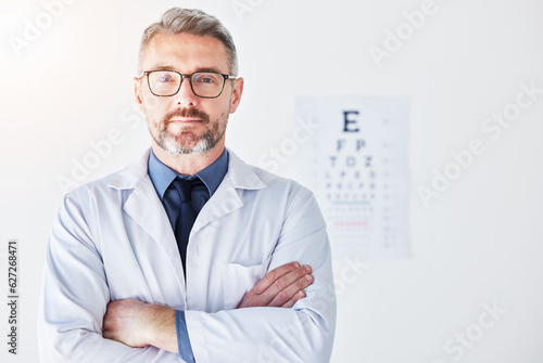 Senior man, arms crossed with optometrist in portrait, vision and glasses, eye care clinic and healthcare. Male person, ophthalmology and health for eyes, eyesight assessment and prescription lens