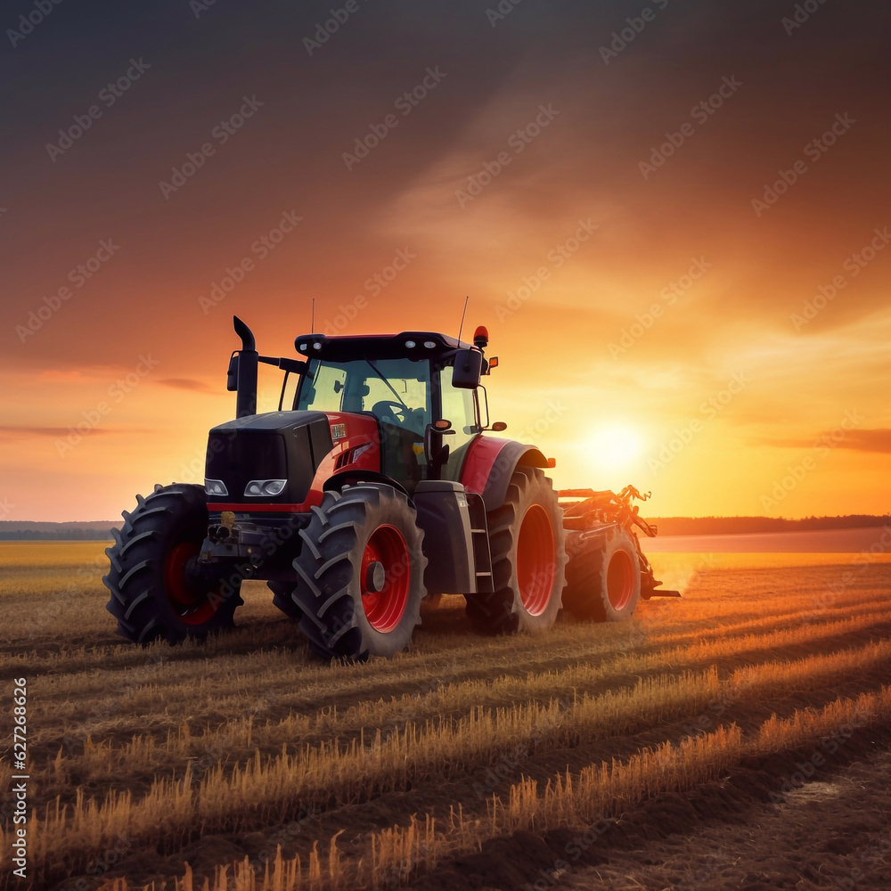 Fototapeta premium modern agricultural Tractor working on fileds on a sunset background. Generative AI