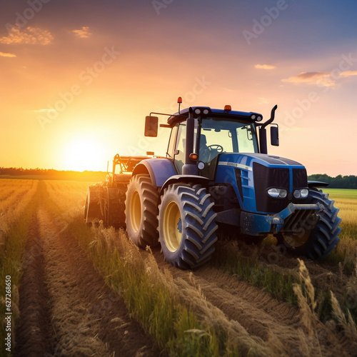 modern agricultural Tractor working on fileds. Generative AI