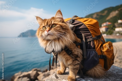 A humorous tourist cat wearing a backpack on its back went, Generative Ai