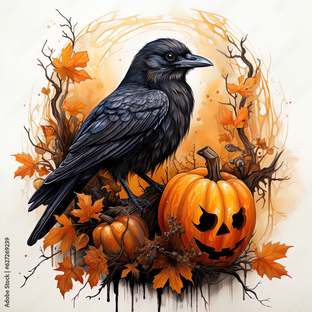 Fototapeta premium An illustration of a crow with two Halloween pumpkins