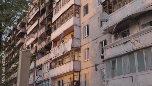 Damaged and burnt residential building. a full-scale Russian invasion. Irpin, Ukraine