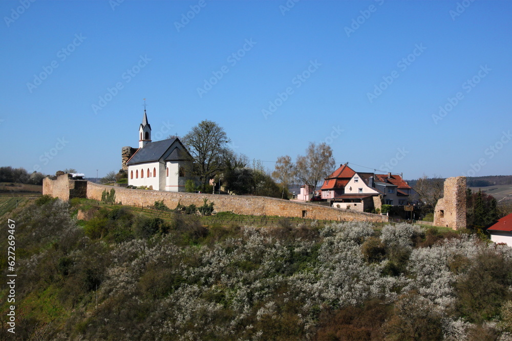 Blooming slope of the castle hill with church and fortress ruins in the old village of Neu-Bamberg, Germany