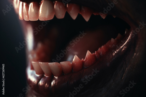 Creepy Blood-Smeared Mouth with Vampire Fangs - AI generated