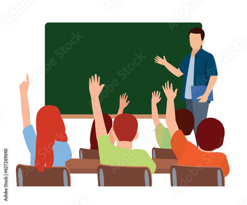 teacher and Hardworking Cute Boy Raising Finger Class