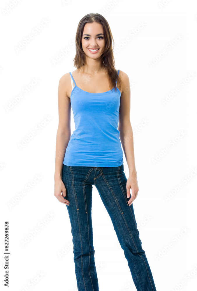 Full body of young cheerful smiling woman, isolated over white background Full body of young cheerful smiling woman, isolated over white background