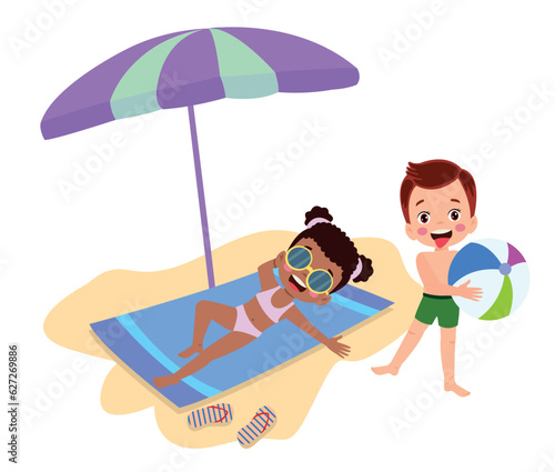 Kid on beach towel under umbrella, flat cartoon vector illustration isolated