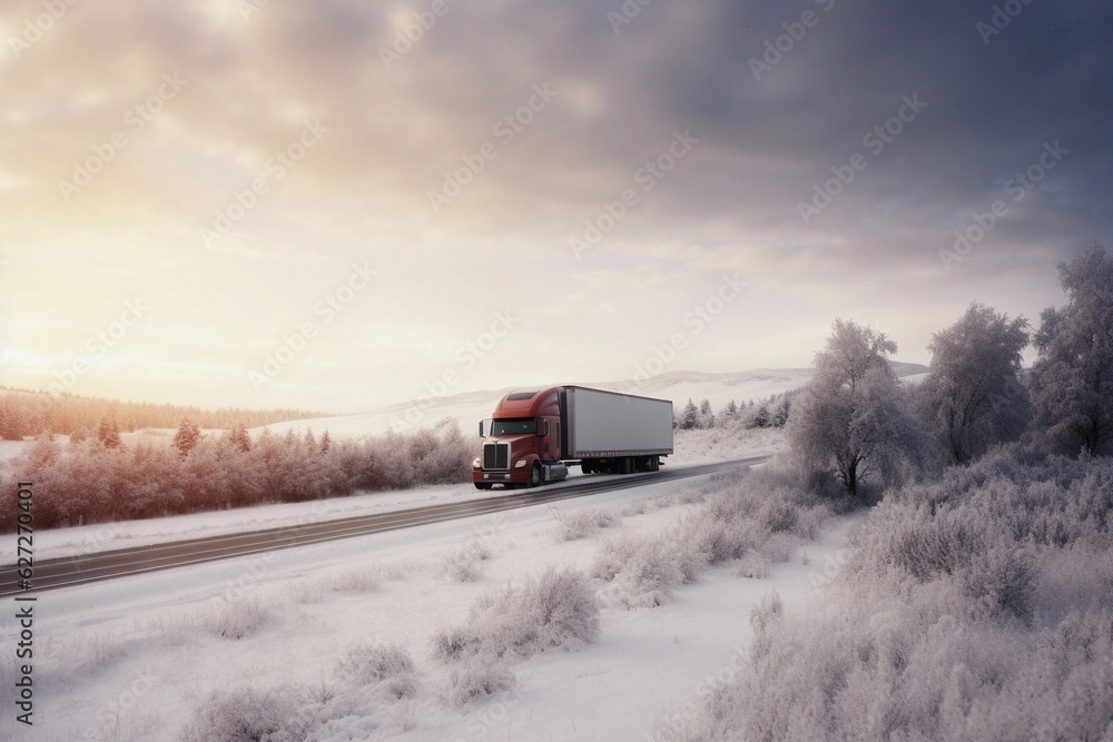 truck on the highway, mountains, us, canada, majestic, winter, snow