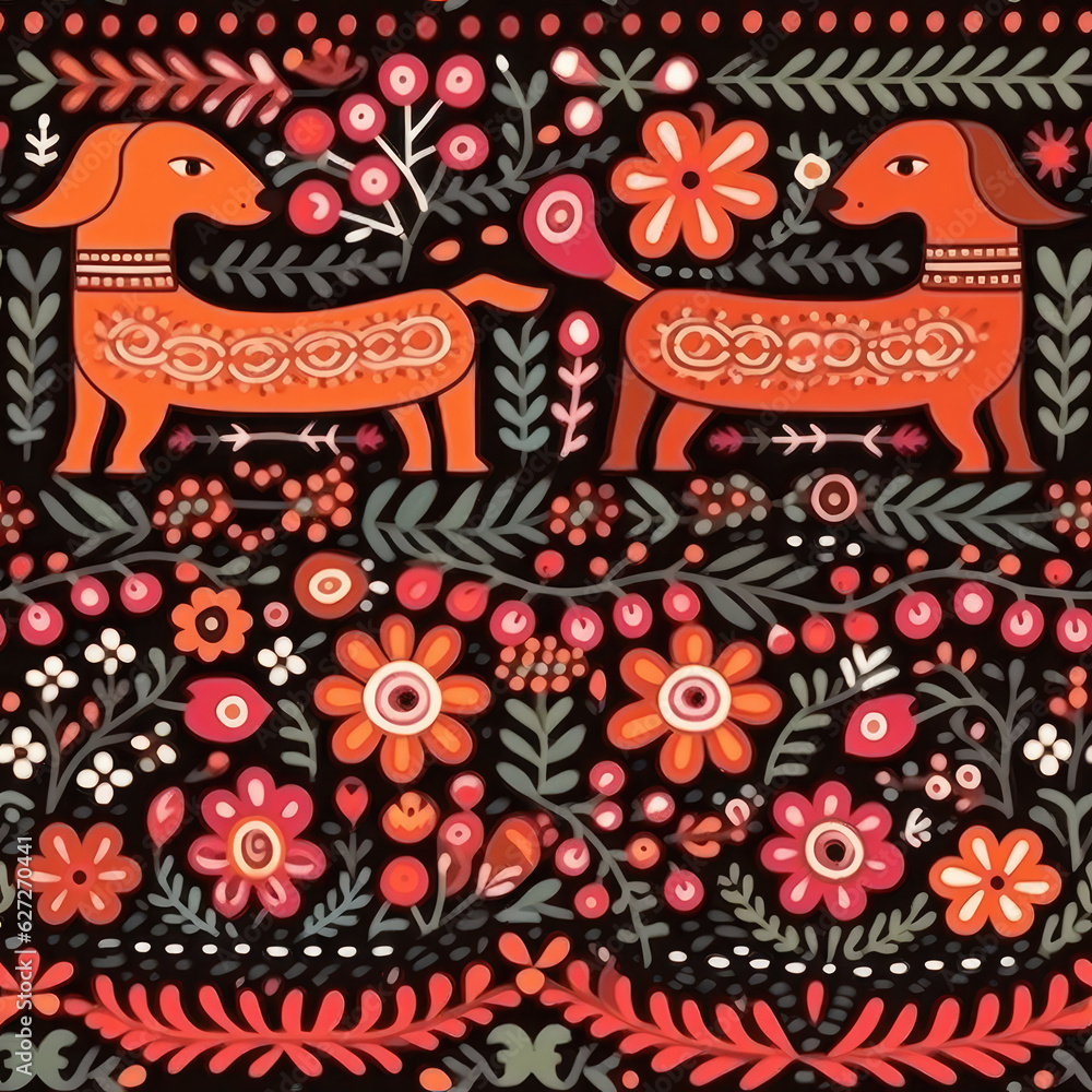 Naklejka premium Dogs folk art cartoon cute seamless repeat pattern