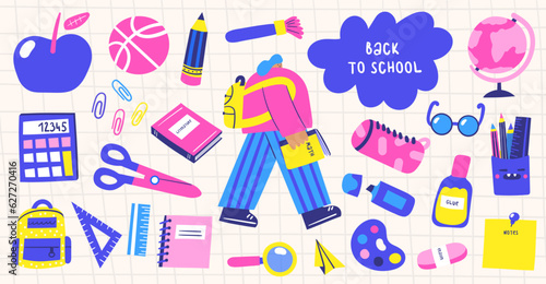 School objects set in cute doodle hand drawn style. Student walking with book surrounded with apple  ball  pencil  scissors  glue  glasses  marker  eraser  note paper  backpack