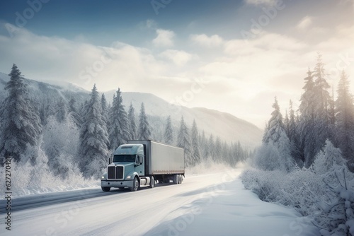 Fotografie, Obraz truck on the highway, mountains, us, canada, majestic, winter, snow