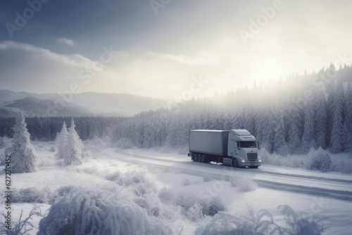 truck on the highway, mountains, us, canada, majestic, winter, snow © Lucas
