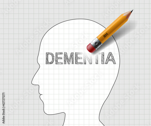 Pencil erases the word dementia on the drawn silhouette of a human head. mental health. Vector illustration