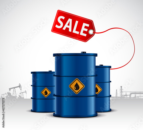 Oil barrels with a price tag on the background of oil pumps. Vector illustration.