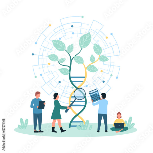 Biotechnology, genetic research vector illustration. Cartoon tiny people engineers with magnifying glass study genes of plant sample growing from DNA in lab experiment in digital biotech laboratory