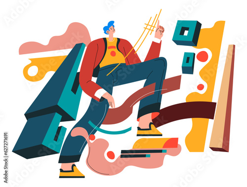 Abstract collage with male character climbing up