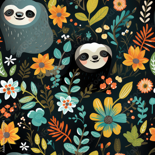 Cute sloths and flowers repeat pattern