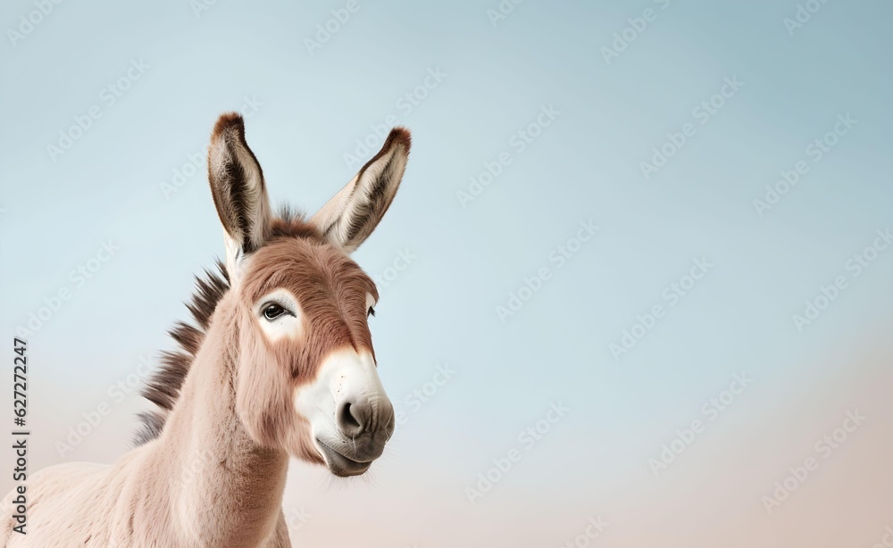 Creative animal concept. Long hair donkey over pastel bright background. Generative AI.