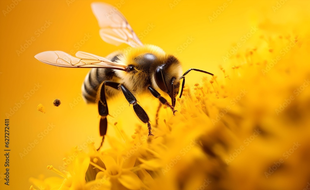 Creative Animal Insect Concept. Bee over yellow pastel bright background. Generative AI. Creative Animal Insect Concept. Bee over yellow pastel bright background. Generative AI.
