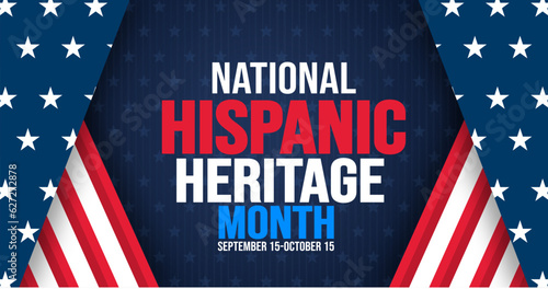 National Hispanic Heritage Month celebration usa flag background, typography, banner, placard, card, and poster design template. is annually celebrated from September 15 to October 15 in the USA.