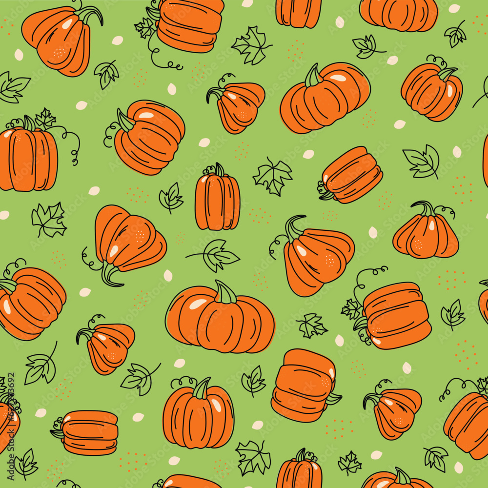 The Pattern is Autumn, set of vegetables, a pumpkin.  Harvest of vegetables.  Halloween. Contour drawing, colored spots. Harvest, food. Fall season. Doodle. Vector seamless background. 