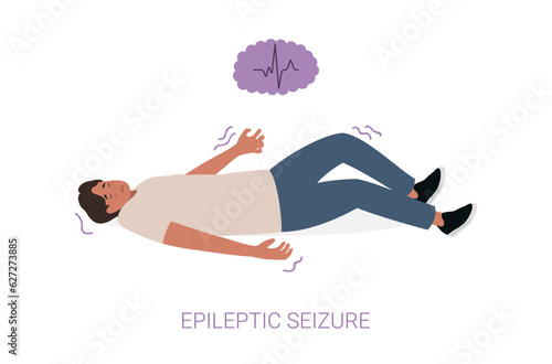 Epileptic seizure. Man laying on the floor and shaking. Epilepsy. Vector photo