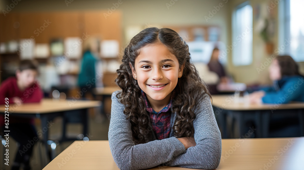 10 years old smiling school girl sitting in classroom.