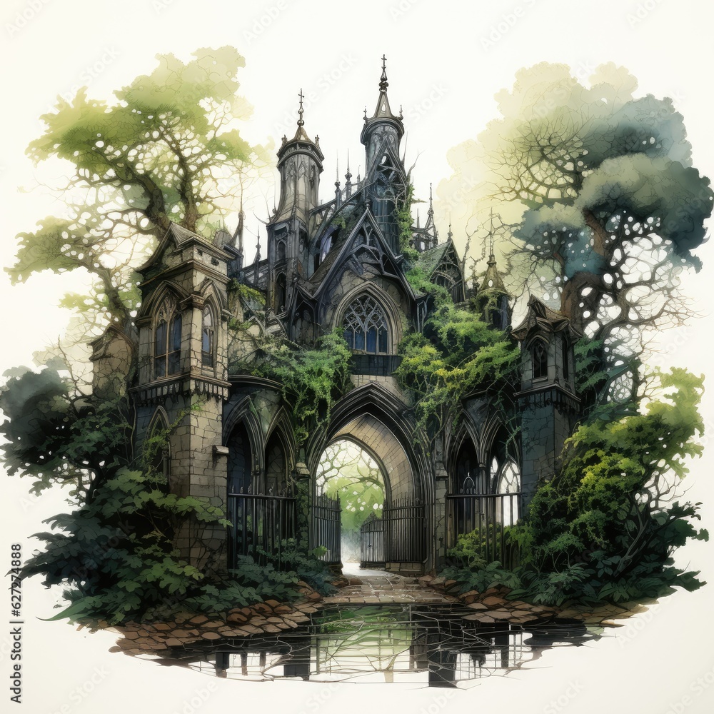 Hand Painted Watercolor Clipart Gothic Cemetery with WroughtIron Gate