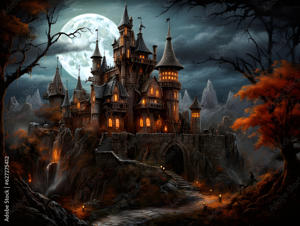 haunted halloween castle in the night