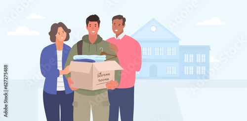 First year student moving to college dormitory. Parents helping to carry the luggage. Vector