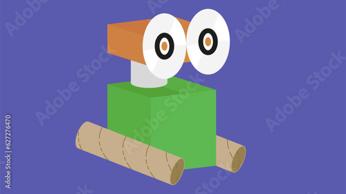 Wooden toy with eyes on a blue background. Vector illustration.