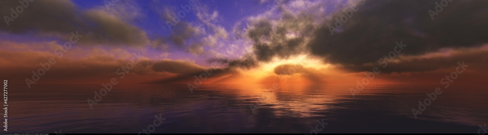 Stormy sky at sunset over the ocean, menacing seascape, 3d rendering