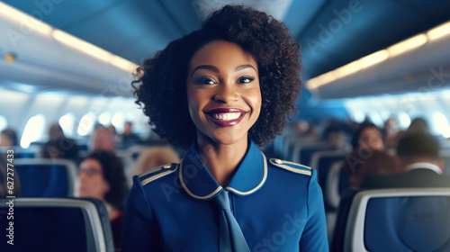 Smiling female flight attendant in blue uniform in aircraft cabin, attractive black woman stewardess friendly airline employee, pleasant service for airline passengers, generative AI photo