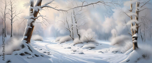Banner winter landscape with trees and river  seasonal postcard generative ai.
