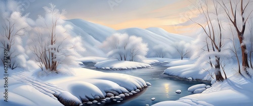 Illustration landscape. Snowy background. Snowdrifts wallpaper Winter season.