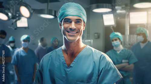 Smiling surgeon man in surgical operating room, talented doctor surgeon successfully performed complex surgery on patient, happy smiling man in a medical coat and cap, generative AI photo