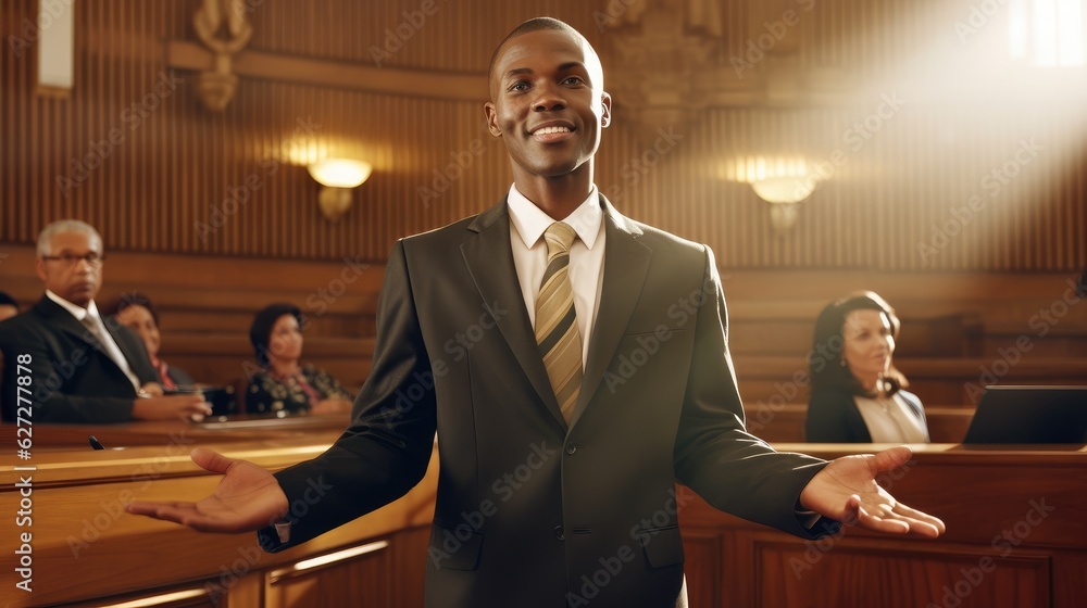 Φωτογραφία Lawyer black man in court room presents side interests in dispute before judge,