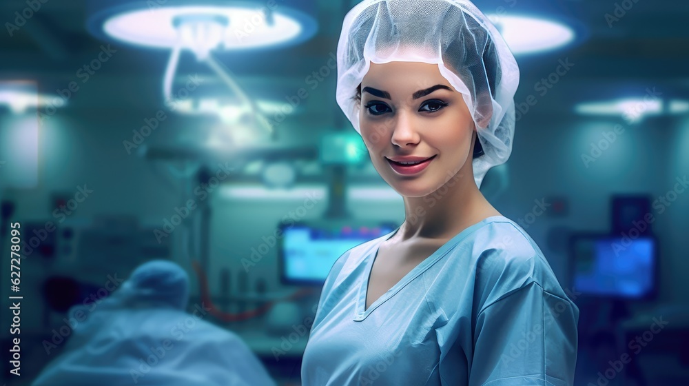 Smiling surgeon woman portrait in surgical operating room, talented doctor surgeon successfully performed complex surgery on patient, happy smiling woman in a medical coat and cap, generative AI