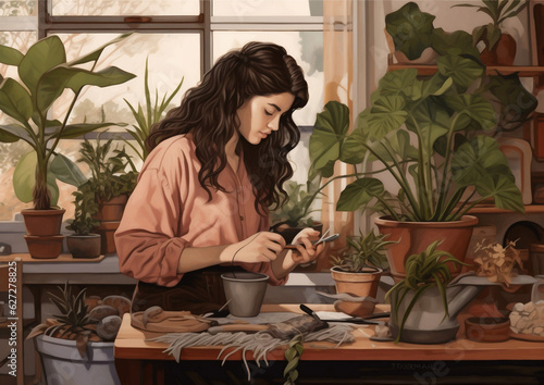 woman hobby indoor pot entrepreneur garden flower botanist houseplant gardener florist. Generative AI.
