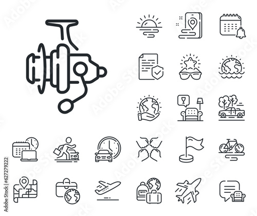 Fisherman coil sign. Plane jet, travel map and baggage claim outline icons. Fishing reel line icon. Spinning equipment symbol. Fishing reel line sign. Car rental, taxi transport icon. Vector