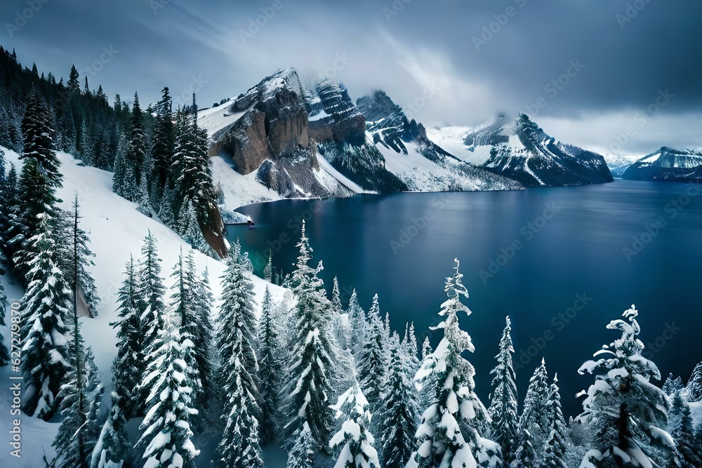 Φωτογραφία The snowy tree tops of Crater Lake National Park, Oregon, come to life in this breathtaking aerial photograph