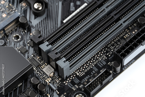 Closeup on empty RAM slots on a modern black silver motherboard. Ddr4, ddr5 memory stick slots. Macro electronics shot, technology, pc components. Shallow depth of field.