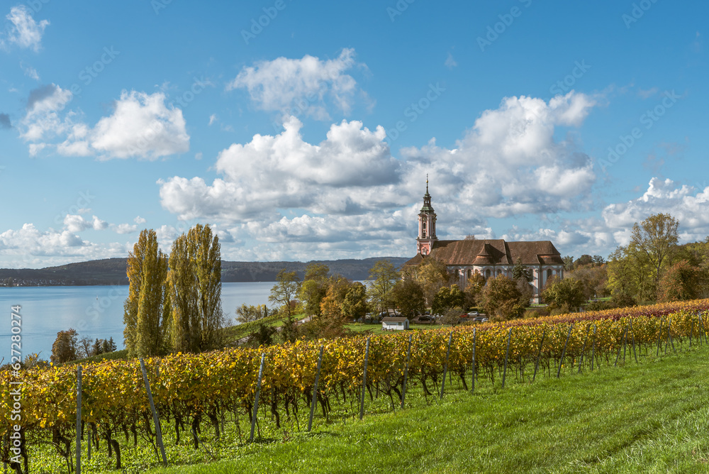 Pilgrimage church Birnau on Lake Constance with vineyards in autumn, Uhldingen-Muehlhofen, Lake Constance district, Upper Swabia, Baden-Wuerttemberg, Germany
