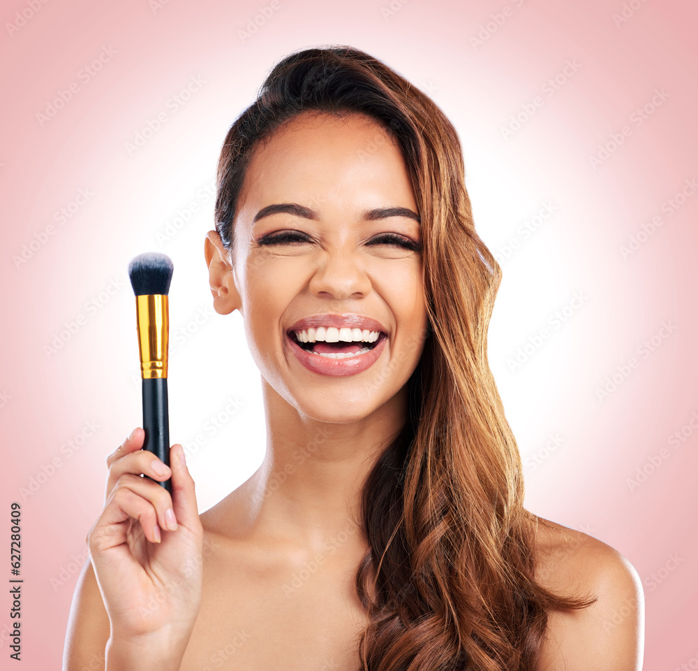 Beauty, brush and portrait of woman with makeup on pink background for salon, wellness and luxury. Cosmetology, aesthetic and happy female person with tools for foundation, face cosmetics and glamour Beauty, brush and portrait of woman with makeup on pink background for salon, wellness and luxury. Cosmetology, aesthetic and happy female person with tools for foundation, face cosmetics and glamour
